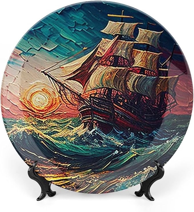Decorative Plates, Ocean Sailing Ship at Sunset Painting Display Plate for Home Office Kitchen Table Decor Porcelain Plates 10 Inch, Birthday Gifts