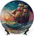 Decorative Plates, Ocean Sailing Ship at Sunset Painting Display Plate for Home Office Kitchen Table Decor Porcelain Plates 6 Inch, Birthday Gifts