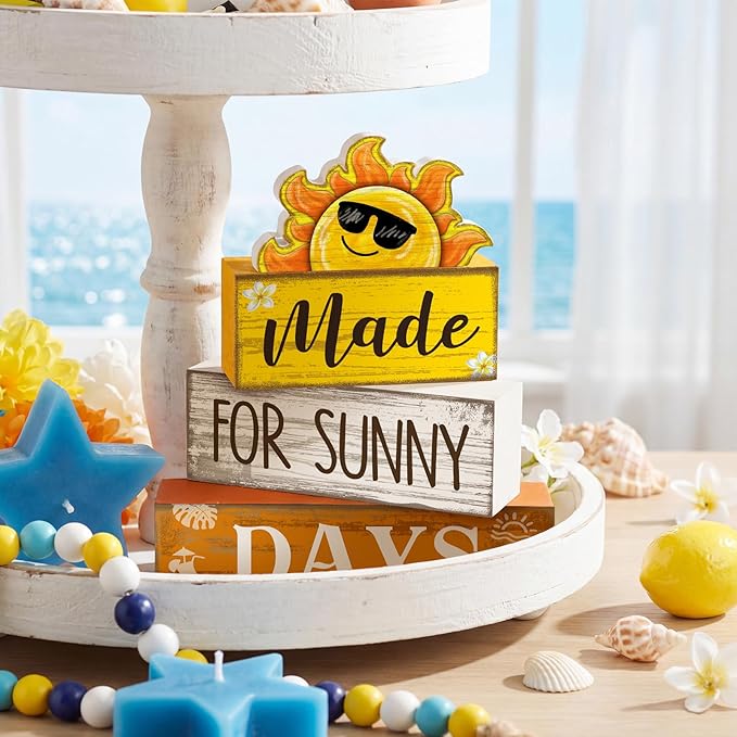 Lineshading 4 Pcs Summer Table Decoration Wooden Sun Beach Tiered Tray Decor Summer Centerpiece Rustic Wood Made for Sunny Day Block Sign Gifts Beach Decorations for Home Kitchen Office Coffee Bar