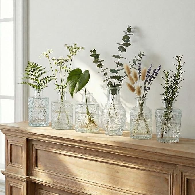 16 Pack Glass Bud Vases for Centerpieces - Bulk Small Flower Vases Set of 16, Mini Vintage Vases, 4 Styles for Party, Wedding Decorations, Baby Shower, Home Table Flower Décor (Clear)