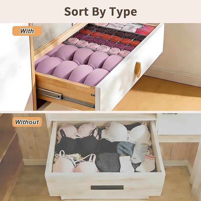 Garvee 12-Pack Underwear Drawer Organizers, 116-Cell Dresser Drawer Divider Bins for Baby Clothes, Underwear, Bra & Sock, Foldable Fabric Closet Organizer for Bedroom, Nursery, Grey