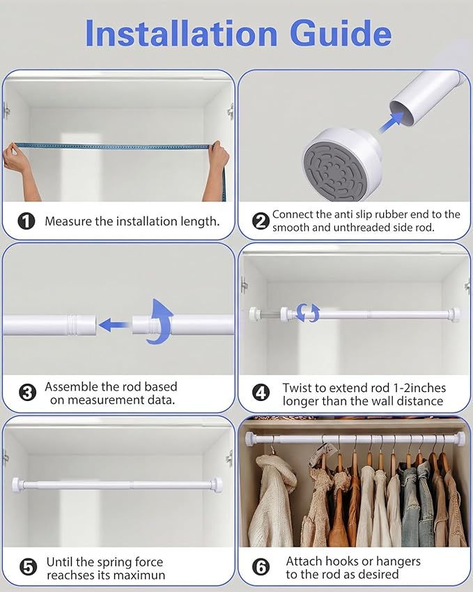No Drilling Closet Rods for Hanging Clothes, Non Slip Tension Rod with Heavy Duty Clothes Hanging Rod, 17-28 Inches Adjustable Spring Closet Rod for Closet Wardrobe Bathroom Laundry RV, White