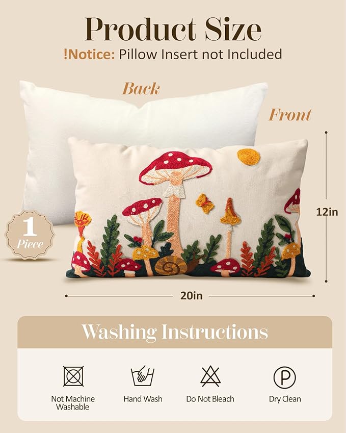 Embroidered Lumbar Pillow Cover 20x12 Inch - Spring Summer Boho Decorative Pillow Cover with Zipper for Living Room Couch Sofa Bed Aesthetic Design Mushroom Moon Cushion Pillowcase