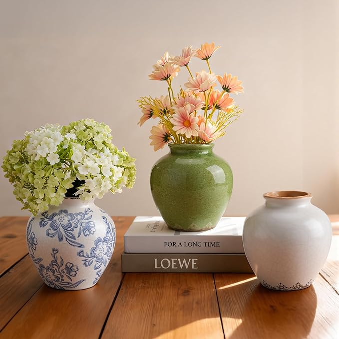 Ceramic Flower Vase Home Decor, 6.2 inch Farmhouse Rustic Vintage Decorative Vases, Pottery Terracotta Boho Flowers Vases for Dining Table, Living Room, Shelf, Kitchen, Bedroom (6.2"-Green)