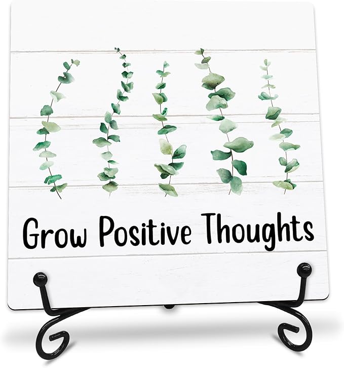 Grow Positive Thoughts Wooden Sign - 5" Inspirational Quotes Wooden Plaque With Metal Support - Greenery Rustic Tabletop Home, Office, Classroom Decor - Housewarming Gifts For Family & Friends - A03