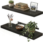 Fixwal Black Floating Shelves for Wall, 22" Long Wall Mounted Rustic Wood Shelves for Living Room, Bedroom, Bathroom and Kitchen, Wall Shelves for Storage, Books, Room Decor Set of 2