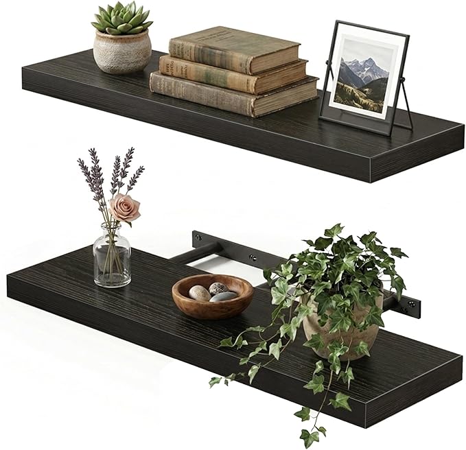Fixwal Black Floating Shelves for Wall, 22" Long Wall Mounted Rustic Wood Shelves for Living Room, Bedroom, Bathroom and Kitchen, Wall Shelves for Storage, Books, Room Decor Set of 2