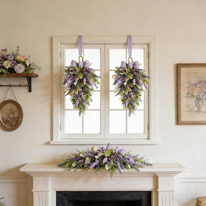 Idyllic 22 Inch Lavender Floral Swag with Bunny Ear Eucalyptus for Front Door Decor Artificial Outdoor Hanging Wedding Arch Spring Wreaths Alternative and Home Entrance Decoration