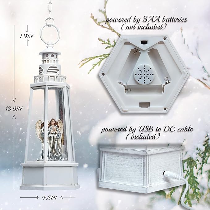 13.5'' Christmas Angel Snow Globe, White Retro Lighthouse Musical Lighted Water Lantern, Decoration with Swirling Glitter, USB Powered and Battery Operated, Xmas Home Décor Gift