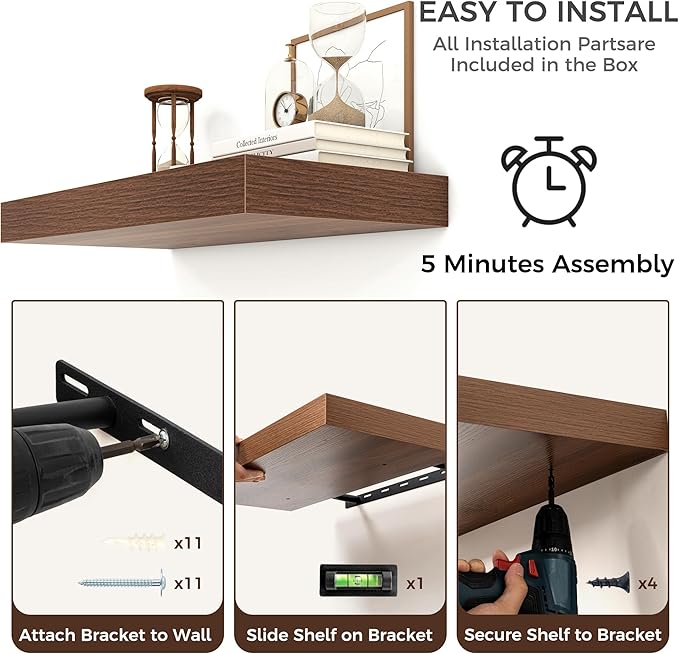 Venusmiles Floating Shelves for Wall, 48 Inch Wide x 12 Inch Deep Floating Shelves, Long Wood Floating Wall Shelf Shelves for Living Room Bathroom Bedroom Kitchen Home - (Walnut, 48" W x 12" D x 2" H)