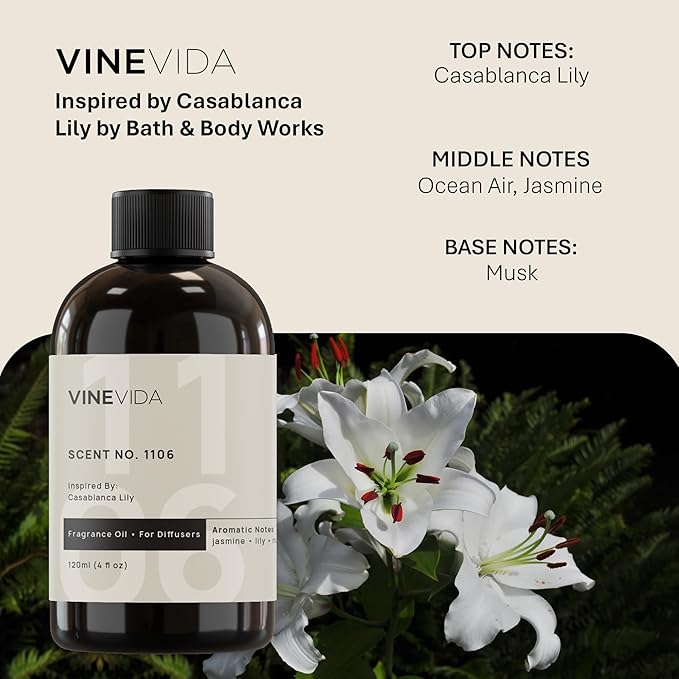 VINEVIDA [32 Fl Oz] Scent NO. 1106 Fragrance Oil for Cold Air Diffusers, Aromatic Notes of Casablanca Lily, Ocean Air & Jasmine Essential Oils for Diffuser Oil Refill & Air Freshener Room Spray
