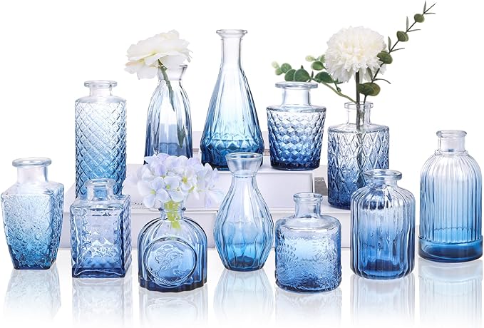 12 Pack Blue Glass Bud Vase Set, Small Vintage Vases for Centerpieces, Decorative Flower Vases for Wedding Home Table Decor