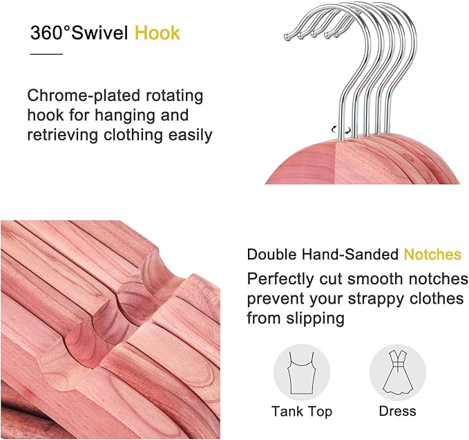 TOPIA HANGER American Red Cedar Wooden Hangers 18 Pack, Clothes Hangers for Closet, Wood Suit Hangers with Smooth Cut Notches, 360°Flexible Hook, Non-Slip Pants Bar(Natural)- CT22C