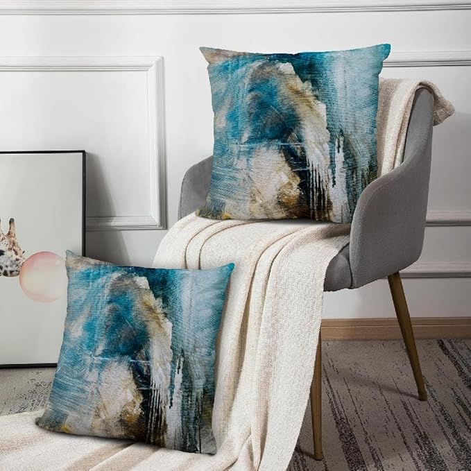 Teal Abstract Art Artwork Pillow Cover, Gallery Modern Decorative Throw Pillows Cushion Cover for Bedroom Sofa Living Room 26 x 26 Inch Set of 2