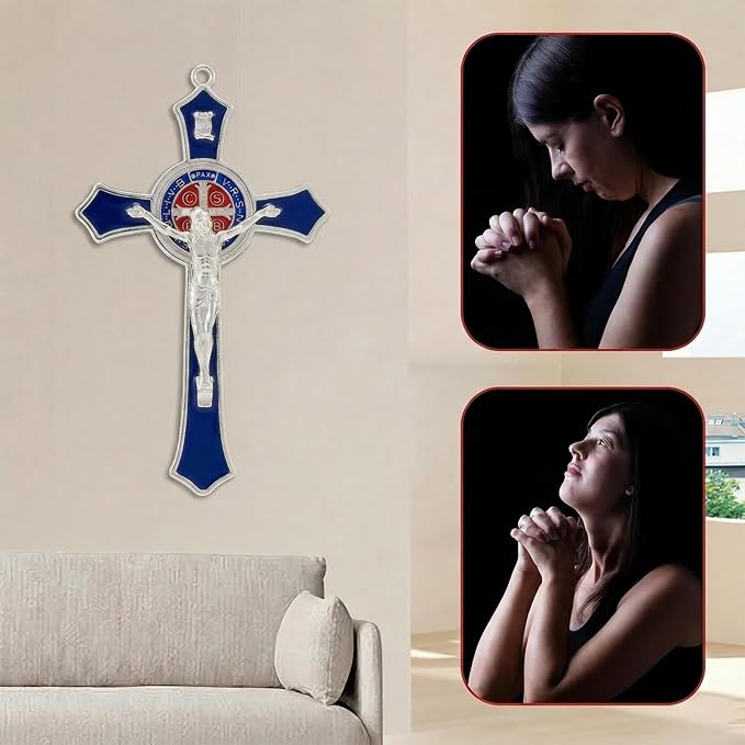 TALPGOD 7 Inch St Benedict Crucifix Blue,Crucifix Wall Cross for Catholic Decor,Jesus Christ Hanging Cross Wall Art Decor,Escapularios Catolicos,Saint Benedict Medal for Home Decoration
