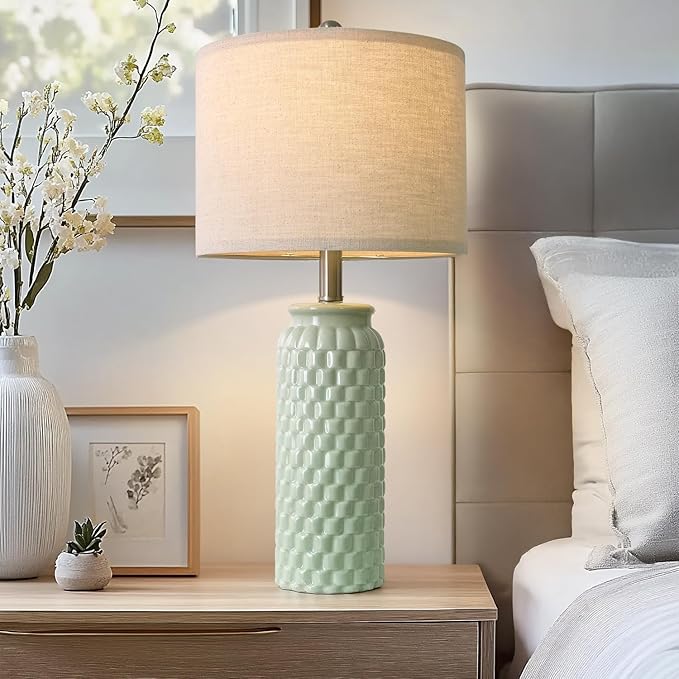 USumkky 24" Modern Ceramic Green Bedside Lamp Set of 2 Table Lamp for Bedroom Decor Farmhouse Table Lamp for Living Room Office Dorm