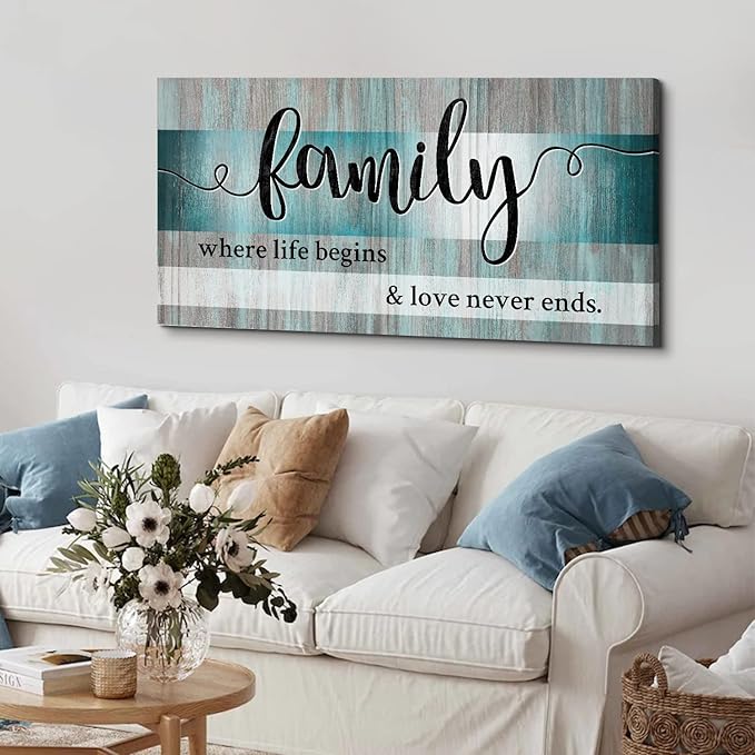 Teal Wall Art Family Sign Wall Decor Inspirational Quotes Canvas Prints Pictures Teal Kitchen Decor Dining Room Artwork 24x48 Large Rustic Farmhouse Family Painting Bedroom Living Room Home Decoration