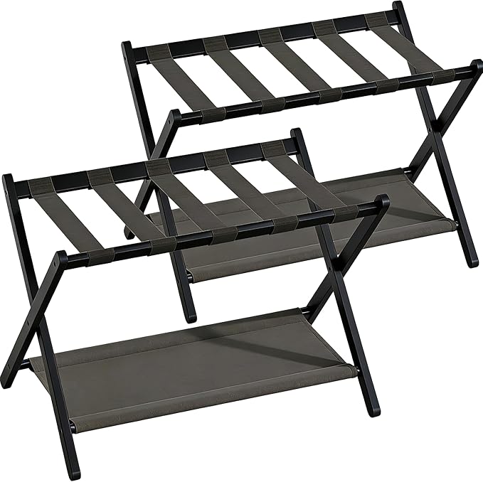 2 Pack Bamboo Luggage Rack for Guest Room, 26.77" Folding Wide Suitcase Stand with Fabric Storage Shelf, Thickened Luggage Stand Holder for Bedroom Hotel, Luggage Rack for Suitcases (2 Pack - Black)