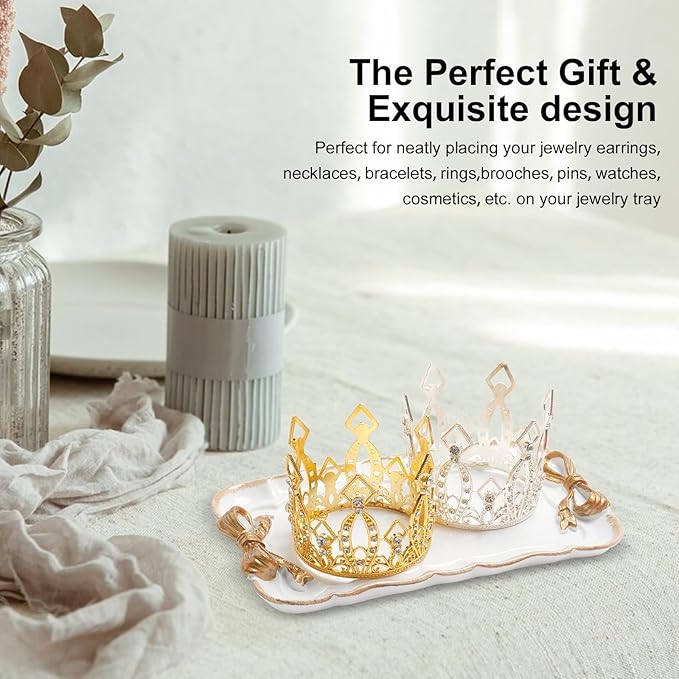 Warmtree Vintage Jewelry Organizer, Decorative Tray for Jewelry, Towel, Storage, Rings, Bracelets, Earrings, Cosmetics, Retro Design, Bow Decor Resin Plate Coquette for Room Decor, White