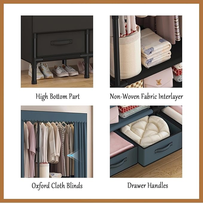 Portable Closet,Garment Rack,Heavy Duty Clothes Rack with Cover,Wardrobe Closet with 1 Hanging Rods, 2 Storage Shelves and 3 Drawers,43.3" L x 17.7" W x 67.7" H,Pale Yellow