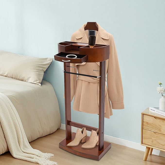 Wood Suit Rack, 22.05Lbs Capacity Freestanding Clothing Valet Stand Floorstanding Valet Stand Clothing Rack Organizer w/Shoe Shelf for Hallways Hotels Office & Shopping Malls (Brown)