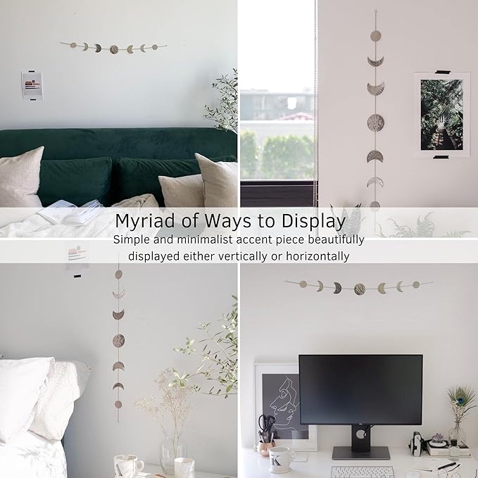 BASE ROOTS Moon Phase Wall Decor, Celestial Décor, Moon Décor & Boho Wall Décor, Silver Wall Art for Bedroom & Living Room, Bohemian Wall Decor, Handmade Hammered Metal 36" 7 Phases Moon Wall Decor, Gift for Women & Kids
