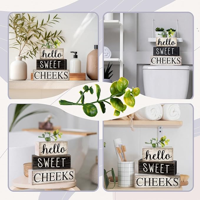 Moucuny 4 Pcs Bathroom Shelf Decor Hello Sweet Cheeks Sign Farmhouse Bathroom Decor and Accessories Rustic Eucalyptus Leaves Wood Block Sign Gift Sweet Home Table Centerpiece for Home Office