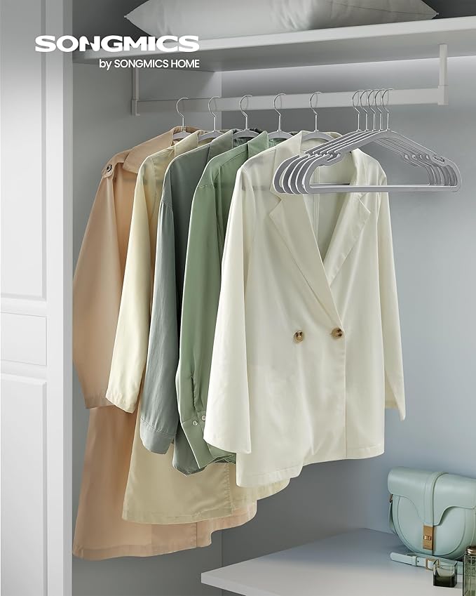 SONGMICS Clothes Hangers 50 Pack, Heavy-Duty Plastic Hangers, Coat Hangers with Wide Shoulder Notches, Pant Bar, 360° Swivel Hook, Space-Saving, 16.4 Inches, for Closet, Gray UCRP060G01