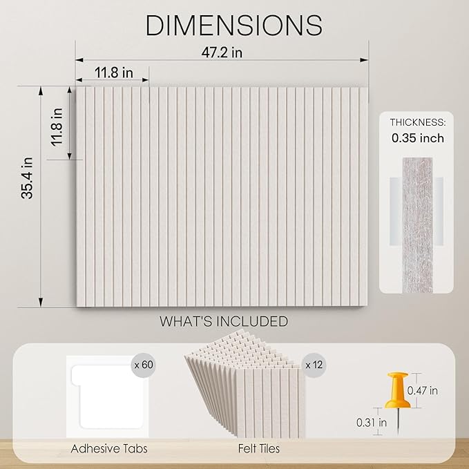 MaxGear Large Cork Boards for Walls 48" x 36", Light Tan Felt Bulletin Board Tiles for Office Decor, 12 Pack Felt Wall Tiles with Slat Paneling, Push Pin Board Home Wall Organizer