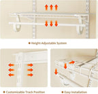 5-8 Ft Closet Organizer System, White Adjustable Custom Metal Wire Shelving Wall Mounted, Expandable Organization and Storage Shelf Kit with Hanging Rods