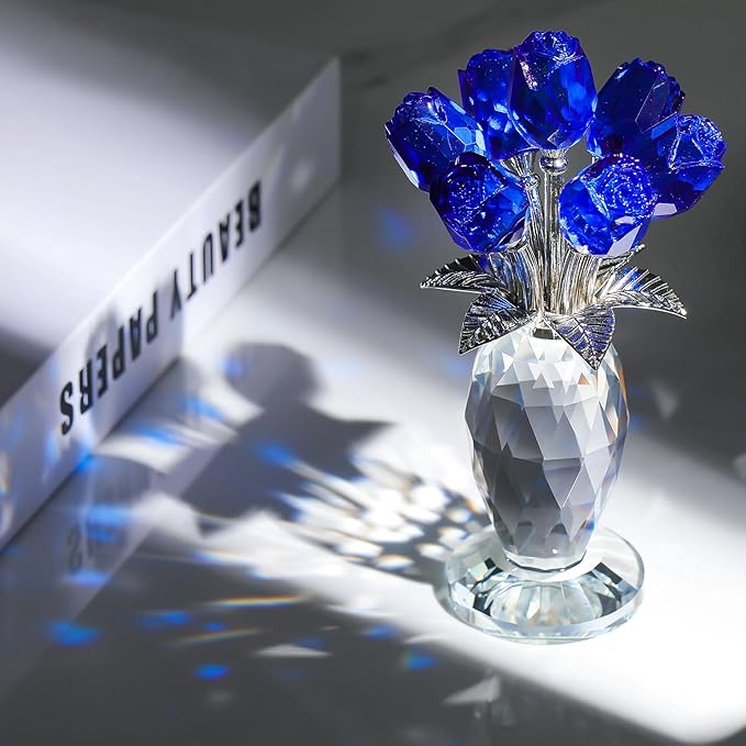 Movdyka Blue Rose Crystal Flower Figurine with Vase Glass Rose Gifts for Women Wife Girlfriend Mom Collectible Home Table Decor for Mother's Day Birthday Wedding Anniversary