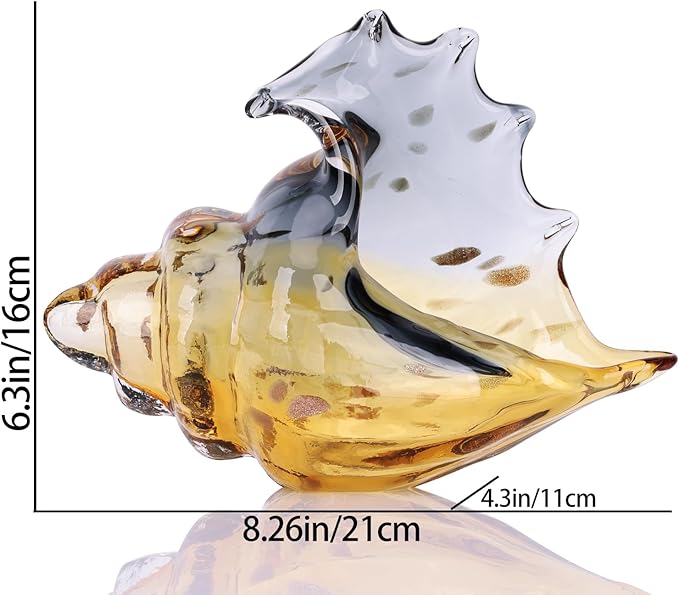 Hand Blown Glass Conch Statues, Gray and Amber Glass Art Figurines, Conch Shells for Coastal Home Decor, Living Room TV Stand and Bookcase Decor, Bathroom Shelf Tops and Cabinet Decor.