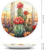 Decorative Plates for Wall Hanging, Cactus & Colorful Sky Stained Glass Design Ceramic Plate w/ Display Stand, Home Decor for Kitchen Cabinets, Farmhouse Round Tray 8 Inch, Gift for Cactus Lover