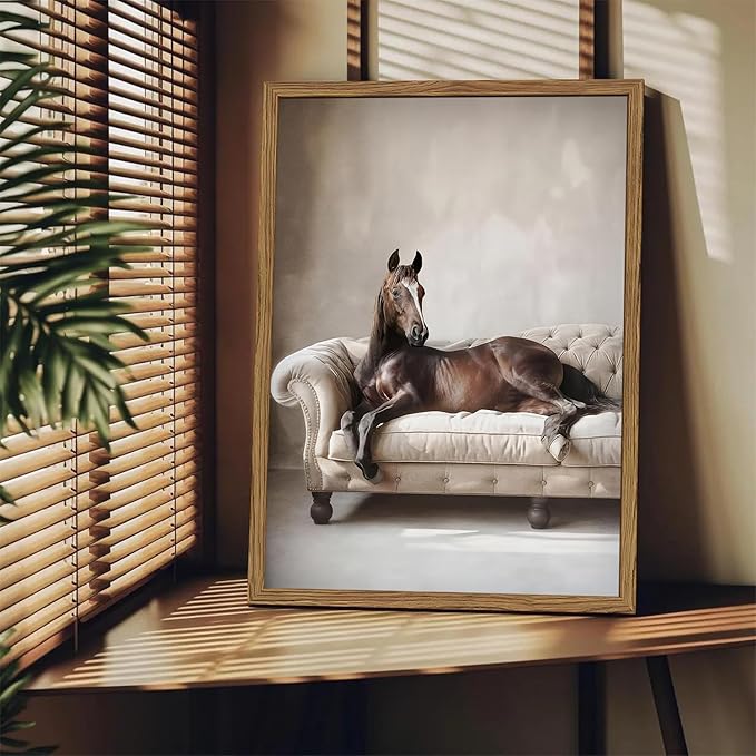 Framed Funny Horse Canvas Wall Art, Vintage Western Brown Horse On Sofa Pictures Wall Decor, Rustic Farmhouse Animal Paintings Prints for Living Room Bedroom Office Dorm 12x16 inch