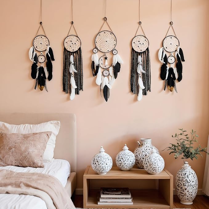 5 Pack Moon Phase Dreamcatcher Set Boho Wall Decor, Boho Macrame Wall Hanging Dream Catchers, for Home, Bedroom, Living Room, Witchy Gifts (Flower Color)
