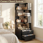 Armocity Corner Bookshelf with Drawers, 7 Tier Corner Book Shelf Display Bookcase, Freestanding L Shaped Bookshelf for Bedroom, Living Room, Home Office, Black