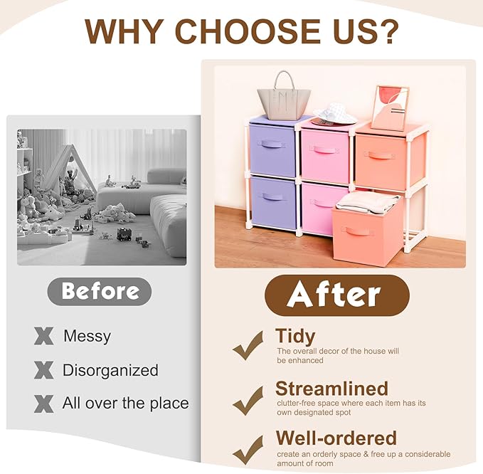 6 Cube Storage Organizer with Shelf Back to School Boxes 11 Inch Toy Storage Bins Closet Organizers Drawers Fabric Dresser for Playroom Books Bedroom Dorm Kitchen (Pink,Purple,Orange)