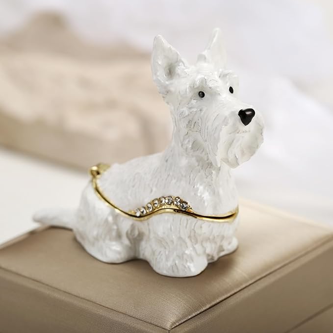 Hand Painted Trinket Box for Home Decor Accents, Enamel Hinged Jewelry Box for Bookshelf Office Table Desk Decoration, Classical Figurine Collectible Keepsake Animal Sculptures (Scottish Terrier)