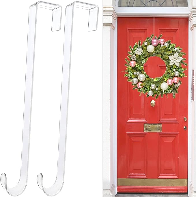 Wreath Hangers for Front Door,12" Clear Wreath Door Hanger,2 Pack Wreath Hanger Non Scratch Over The Door Hooks Easter Christmas Decorations Indoor Outdoor,Welcome Sign for Front Door Decor