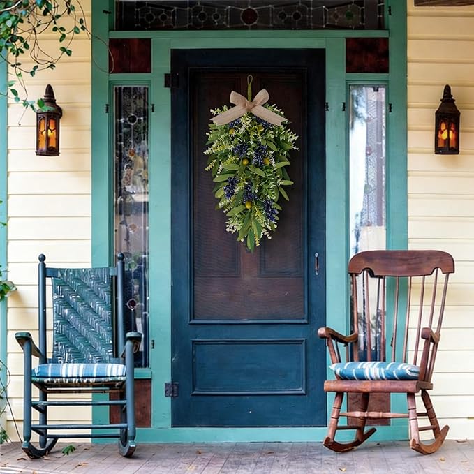 2 PCS 24'' Spring Summer Swags for Front Door Artificial Eucalyptus Olive Boxwood Leaves Teardrop Swags Greenery Swag Wreath Spring Summer Hanging Swag for Farmhouse Wedding Cabinet Home Outdoor Decor