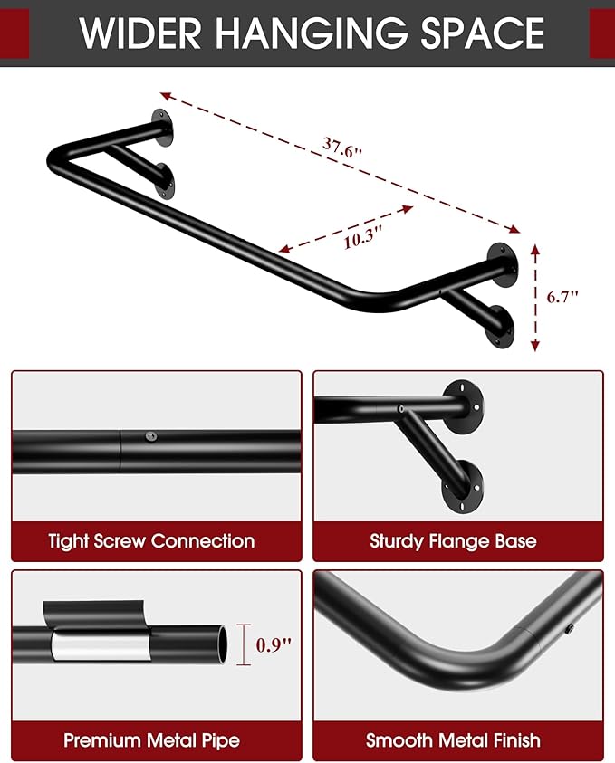 Pipe Clothing Rack - 37.5" Clothing Racks for Hanging Clothes with Dual Flange Base, Multifunctional Wall Mounted Clothes Rack for Bedroom, Entryway, Balcony, Black, 3-Pack