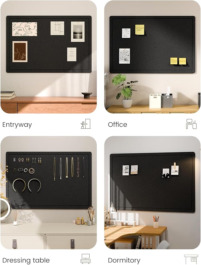 Fluxynara Bulletin Board,35.4" x 23.6" Cork Board Alternative with 12 Safe Removable Adhesive Tabs, Foldable Felt Pin Board for Home Office, Classroom, Bedroom,Entryway for Walls—Black