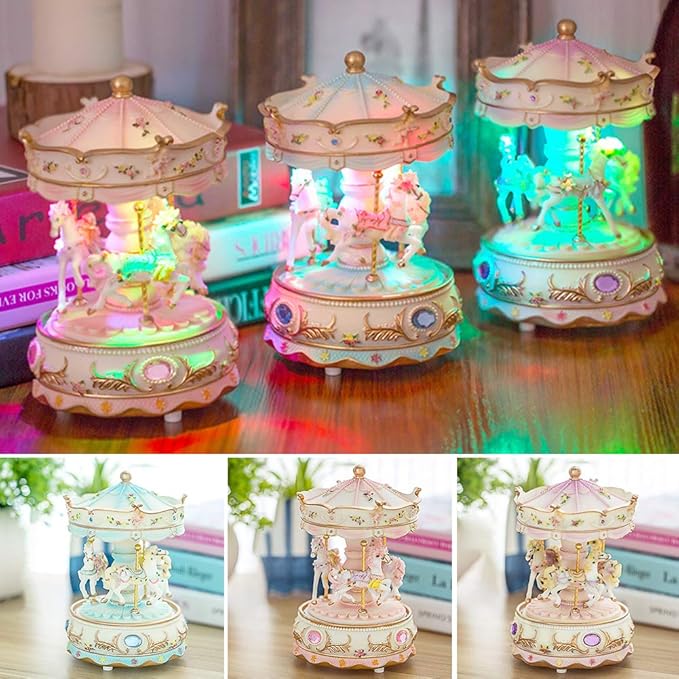 Carousel Music Box with 3 Rotating Horses, Color-Changing LED Lights, Wind-Up Clockwork 18-Note Melody, Small Resin Tabletop Decor, 5.9" Tall x 3.93" Dia (Pink)