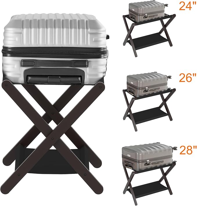 Heybly Luggage Rack, Pack of 2, Folding Suitcase Stand with Storage Shelf, Heavy-Duty Luggage Holder for Guest Room Bedroom Hotel, Holds up to 165 lb, Black, HLR010Z2