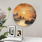 Decorative Plates for Wall Hanging, Ancient Chinese Mountain & Pavilion Landscape Ink Painting Ceramic Plate with Display Stand, Home Decor for Kitchen Cabinets, Farmhouse Round Tray 8 Inch