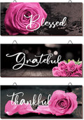 Hillban 3 Pieces Rose Wooden Wall Decor Rose Bathroom Decor Thankful Grateful Blessed Accessories Inspirational Wall Art Signs for Living Room Kitchen Wedding(10 x 4 Inch,Pink)