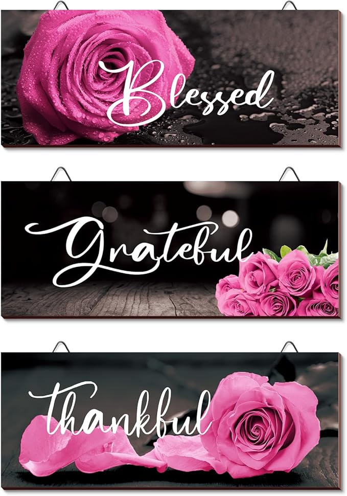 Hillban 3 Pieces Rose Wooden Wall Decor Rose Bathroom Decor Thankful Grateful Blessed Accessories Inspirational Wall Art Signs for Living Room Kitchen Wedding(10 x 4 Inch,Pink)