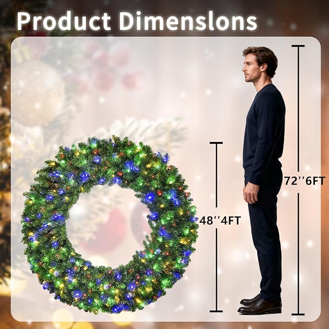 48in Large Prelit Christmas Wreath Outdoor with Lights, Artificial Lighted Christmas Wreaths with 210 Colorful LEDs, Metal Hook, Plug-in, 11 Functions for Home Holiday Decor