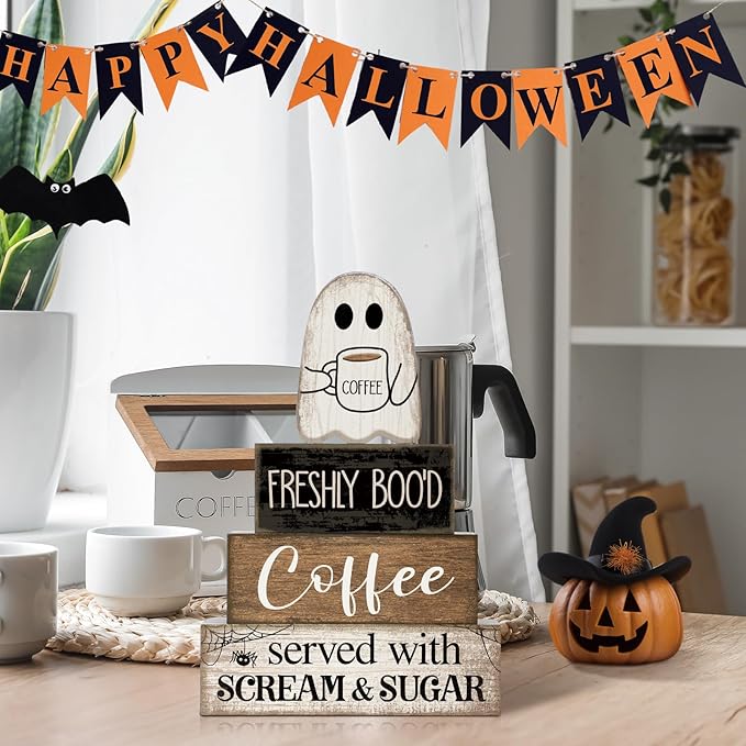Lineshading 4 Pcs Halloween Table Decor Coffee Ghost Wooden Sign Halloween Tiered Tray Decor Farmhouse Ghost Tabletop Centerpiece Decorative Coffee Bar Block Signs for Home Office Kitchen Shelf