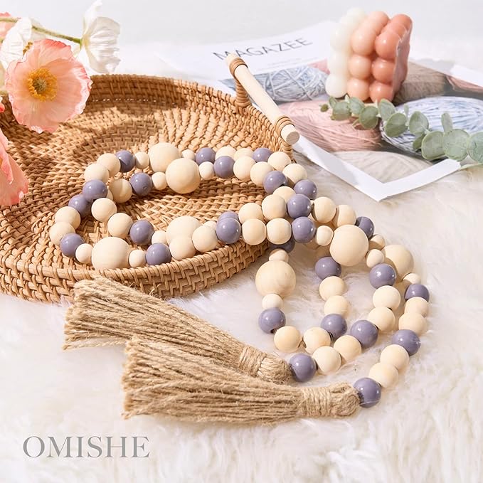 OMISHE Wood Bead Garland with Tassels 61 Inches, Boho Decorative Beads, Farmhouse Beads Garland for Home Tiered Tray Decor, Beige Gray